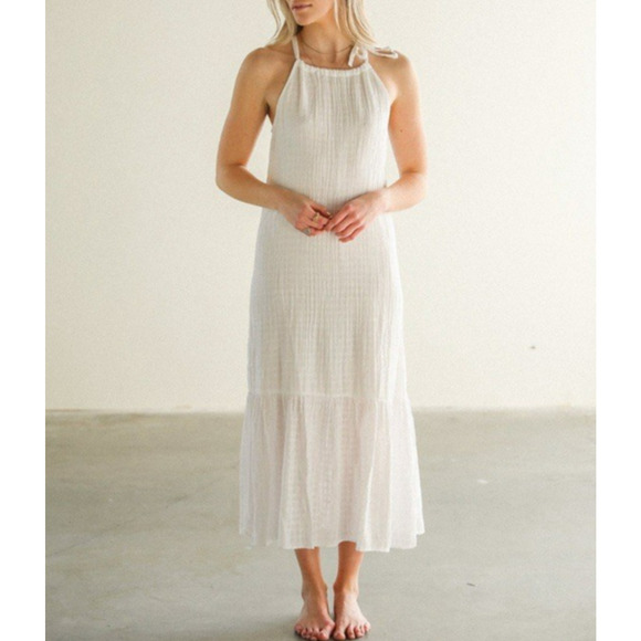 Bella Dahl Halter Maxi Dress Womens Medium White Linen Blend Tiered Flowy Boho - Picture 1 of 13